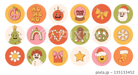 Groovy hippie Christmas round stickers. Santa Claus, Christmas tree, gifts, rainbow, peace, ho ho ho, winter, gingerbread in trendy retro cartoon style. Cartoon characters and elements. 135133452