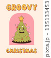 Merry Christmas and Happy New year. Christmas tree in trendy retro cartoon style. Greeting cards, template, posters, prints, party invitations and backgrounds. Groovy winter posters. 135133453