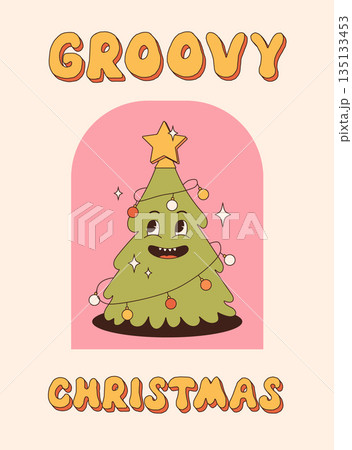 Merry Christmas and Happy New year. Christmas tree in trendy retro cartoon style. Greeting cards, template, posters, prints, party invitations and backgrounds. Groovy winter posters. Merry Christmas and Happy New year. Christmas tree in trendy retro cartoon style. Greeting cards, template, posters, prints, party invitations and backgrounds. Groovy winter posters. 135133453