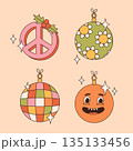 Groovy hippie Christmas stickers. Santa Claus, tree, smile, peace, rainbow in trendy retro cartoon style. Merry Christmas and Happy New year greeting card, poster, print, party invitation, background. 135133456