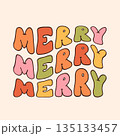 Groovy hippie Christmas stickers. Santa Claus, tree, smile, peace, rainbow in trendy retro cartoon style. Merry Christmas and Happy New year greeting card, poster, print, party invitation, background. 135133457