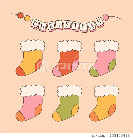 Groovy hippie Christmas stickers. Santa Claus, tree, smile, peace, rainbow in trendy retro cartoon style. Merry Christmas and Happy New year greeting card, poster, print, party invitation, background. 135133458