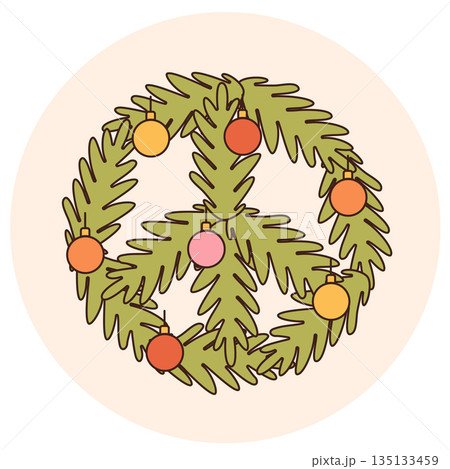 Groovy hippie Christmas stickers. Santa Claus, tree, smile, peace, rainbow in trendy retro cartoon style. Merry Christmas and Happy New year greeting card, poster, print, party invitation, background. 135133459