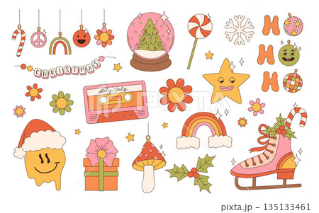 Groovy hippie Christmas stickers. Santa Claus, Christmas tree, gifts, rainbow, peace, holly jolly vibes, ho ho ho, winter, gingerbread in trendy retro cartoon style. Cartoon characters and elements. Groovy hippie Christmas stickers. Santa Claus, Christmas tree, gifts, rainbow, peace, holly jolly vibes, ho ho ho, winter, gingerbread in trendy retro cartoon style. Cartoon characters and elements. 135133461
