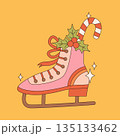 Groovy hippie Christmas stickers. Santa Claus, tree, smile, peace, rainbow in trendy retro cartoon style. Merry Christmas and Happy New year greeting card, poster, print, party invitation, background. 135133462