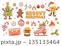 Groovy hippie Christmas stickers. Santa Claus, Christmas tree, gifts, rainbow, peace, holly jolly vibes, ho ho ho, winter, gingerbread in trendy retro cartoon style. Cartoon characters and elements. 135133464