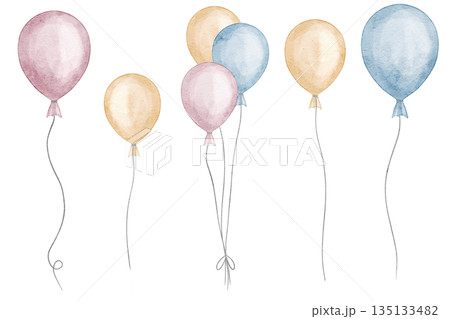Watercolor Balloon set in pastel blue, pink and yellow colors. Party elements for baby shower greeting cards and childish birthday invitations, nursery decor. Clipart on isolated background for kids. Watercolor Balloon set in pastel blue, pink and yellow colors. Party elements for baby shower greeting cards and childish birthday invitations, nursery decor. Clipart on isolated background for kids. 135133482