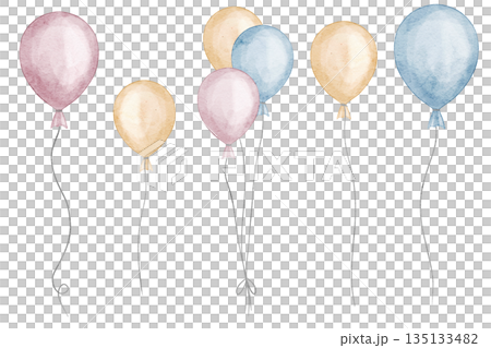 Watercolor Balloon set in pastel blue, pink and yellow colors. Party elements for baby shower greeting cards and childish birthday invitations, nursery decor. Clipart on isolated background for kids. Watercolor Balloon set in pastel blue, pink and yellow colors. Party elements for baby shower greeting cards and childish birthday invitations, nursery decor. Clipart on isolated background for kids. 135133482