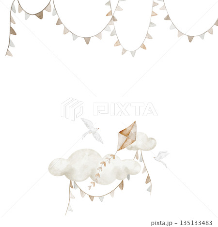 Watercolor illustration with kite, clouds, birds and garland in beige pastel colors. Template of Frame for baby shower greeting cards or childish invitations. Border for nursery posters. 135133483