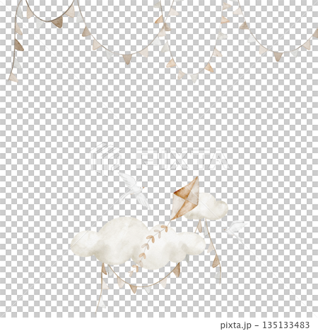 Watercolor illustration with kite, clouds, birds and garland in beige pastel colors. Template of Frame for baby shower greeting cards or childish invitations. Border for nursery posters. 135133483