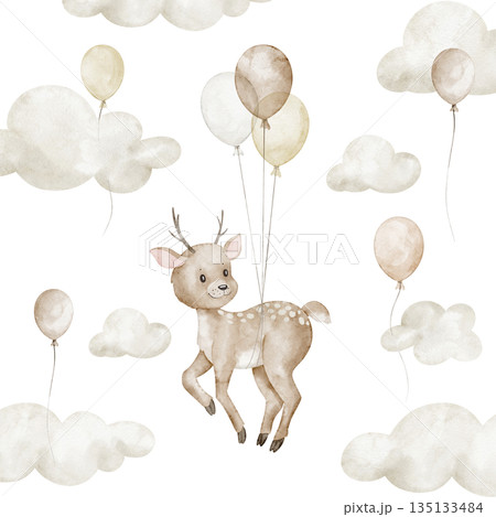 Baby fawn watercolor illustration surrounded by clouds and balloons in beige pastel sky. Soft nursery artwork with Deer for baby room posters, children greeting cards and kids invitations. Baby fawn watercolor illustration surrounded by clouds and balloons in beige pastel sky. Soft nursery artwork with Deer for baby room posters, children greeting cards and kids invitations. 135133484