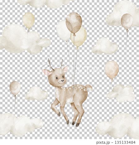 Baby fawn watercolor illustration surrounded by clouds and balloons in beige pastel sky. Soft nursery artwork with Deer for baby room posters, children greeting cards and kids invitations. Baby fawn watercolor illustration surrounded by clouds and balloons in beige pastel sky. Soft nursery artwork with Deer for baby room posters, children greeting cards and kids invitations. 135133484