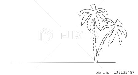 Palm tree one line simple illustration. Hand drawn summer doodle vector sketch 135133487