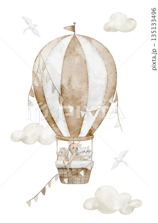 Watercolor illustration of cute baby animals flying in a hot air balloon among soft beige pastel clouds. Art of Airship for nursery posters, children wall art, baby room decor, and greetings. Watercolor illustration of cute baby animals flying in a hot air balloon among soft beige pastel clouds. Art of Airship for nursery posters, children wall art, baby room decor, and greetings. 135133496