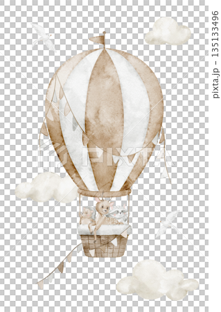 Watercolor illustration of cute baby animals flying in a hot air balloon among soft beige pastel clouds. Art of Airship for nursery posters, children wall art, baby room decor, and greetings. Watercolor illustration of cute baby animals flying in a hot air balloon among soft beige pastel clouds. Art of Airship for nursery posters, children wall art, baby room decor, and greetings. 135133496