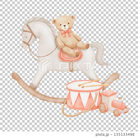Vintage teddy bear on horse, toys, hand drawn watercolor pastel composition isolated on white 135133498