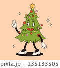 Christmas foods and drinks design with coffee, hot cocoa, cookie, gingerbread, present, christmas tree in trendy retro cartoon style. Character in groovy 50s, 60s, 70s Vintage Style 135133505