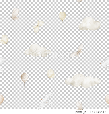 Tiny watercolor illustration pattern with clouds, balloons, birds and butterflies. Pastel beige Seamless background for baby nursery wallpapers or children textiles. Art for kids wrapping and surface. 135133516