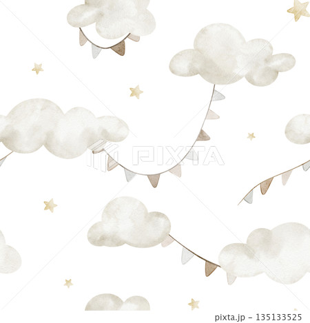 Cloud watercolor pattern with beige pastel garlands. Seamless background for baby nursery textiles or children wallpapers. Cute sky backdrop for childish fabric prints and kids surface design. Cloud watercolor pattern with beige pastel garlands. Seamless background for baby nursery textiles or children wallpapers. Cute sky backdrop for childish fabric prints and kids surface design. 135133525