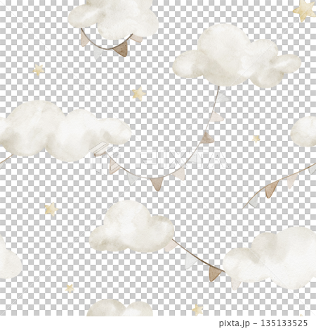 Cloud watercolor pattern with beige pastel garlands. Seamless background for baby nursery textiles or children wallpapers. Cute sky backdrop for childish fabric prints and kids surface design. Cloud watercolor pattern with beige pastel garlands. Seamless background for baby nursery textiles or children wallpapers. Cute sky backdrop for childish fabric prints and kids surface design. 135133525
