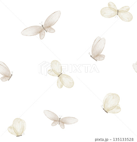 Butterfly watercolor pattern with flying insects in light beige pastel colors. Seamless background for baby nursery textiles and children wallpapers. Backdrop for fabric prints and surface design. Butterfly watercolor pattern with flying insects in light beige pastel colors. Seamless background for baby nursery textiles and children wallpapers. Backdrop for fabric prints and surface design. 135133528