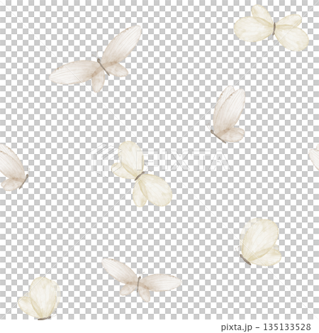 Butterfly watercolor pattern with flying insects in light beige pastel colors. Seamless background for baby nursery textiles and children wallpapers. Backdrop for fabric prints and surface design. Butterfly watercolor pattern with flying insects in light beige pastel colors. Seamless background for baby nursery textiles and children wallpapers. Backdrop for fabric prints and surface design. 135133528