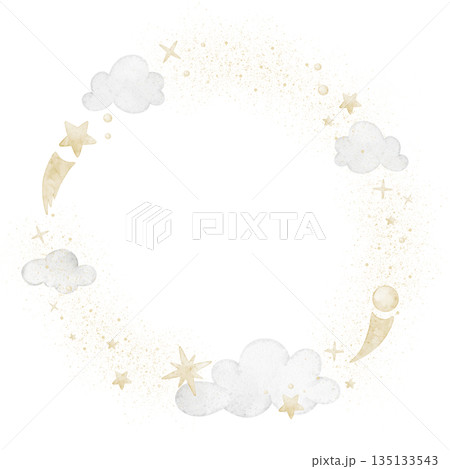 Wreath watercolor illustration with stars and clouds. Template with comets in pastel colors for Baby shower greeting cards or childish invitations. Art of circular Frame for nursery stationary. 135133543