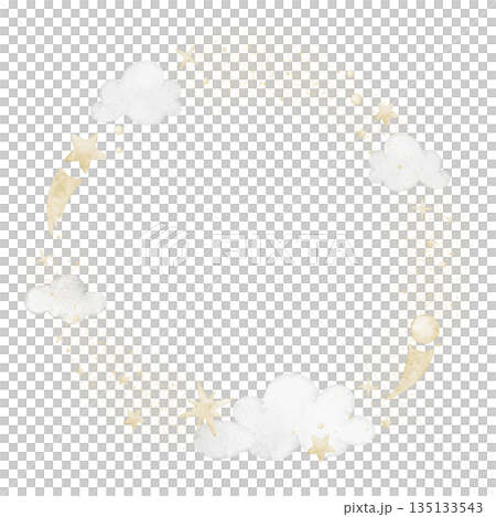 Wreath watercolor illustration with stars and clouds. Template with comets in pastel colors for Baby shower greeting cards or childish invitations. Art of circular Frame for nursery stationary. 135133543