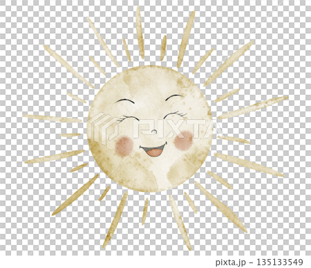Sun with smiling face watercolor illustration. Drawing of sky element with warm shining rays. Art with daylight for nursery posters or baby shower greeting cards and invitations. Isolated clipart. 135133549