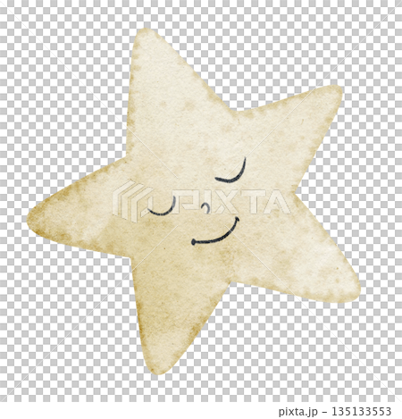 Star with smiling face watercolor illustration in pastel yellow colors. Drawing of celestial element for nursery design or baby shower greeting cards or invitations. Clipart on isolated background. 135133553