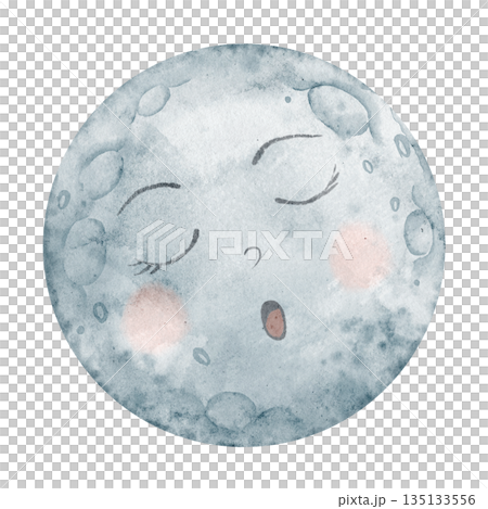 Moon watercolor illustration. Drawing of sleeping lunar sphere with soft craters in pastel colors for nursery posters or baby shower greeting cards. Celestial art for childish invitations. 135133556