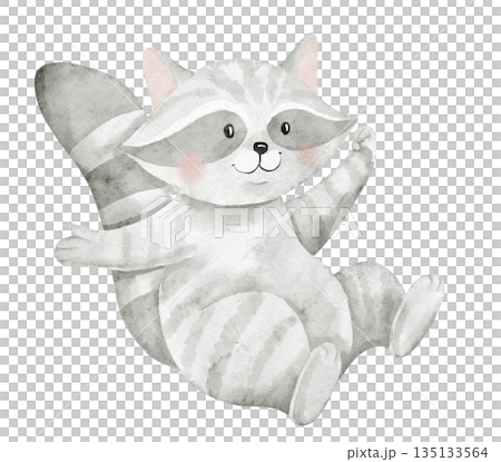 Raccoon baby watercolor illustration. Drawing of cute soft forest animal for nursery posters or baby shower greeting cards and childish invitations. Delicate character for kids projects in pastel tone Raccoon baby watercolor illustration. Drawing of cute soft forest animal for nursery posters or baby shower greeting cards and childish invitations. Delicate character for kids projects in pastel tone 135133564