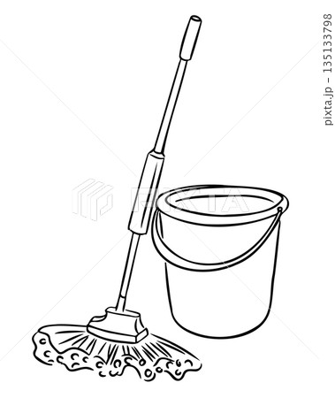 Hand drawn cleaning mop with bucket in simple line style isolated on white background. The illustration represents housework, hygiene and domestic cleaning concept 135133798