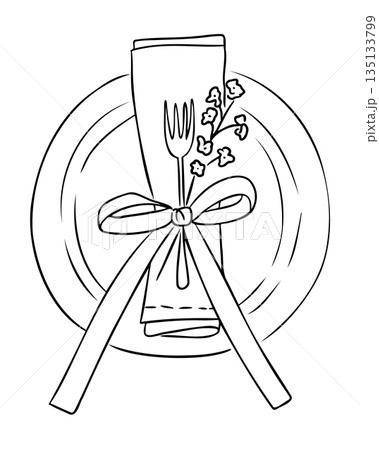 Hand drawn table setting with plate, napkin, fork and decorative bow in elegant line style isolated on white background. The illustration represents festive dining, table etiquette 135133799