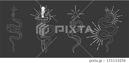 Celestial silver kundalini snake magic line tattoo set. Boho mystic snake with moon stars. Black serpent silhouette.symbol of spiritual awakening, vitality and inner peace. 135133856