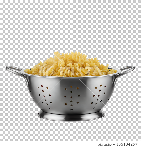Fresh fusilli pasta corkscrew pasta in metal colander after boiling, isolated. Simple food background for italian recipes and cooking Fresh fusilli pasta corkscrew pasta in metal colander after boiling, isolated. Simple food background for italian recipes and cooking 135134257