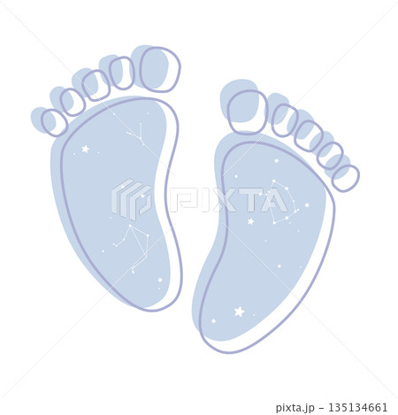 Scandinavian boho baby feet with space symbols. Baby boy footprints with galaxy stars imprints. Hand drawn isolated vector element for baby shower or gender reveal decoration. 135134661