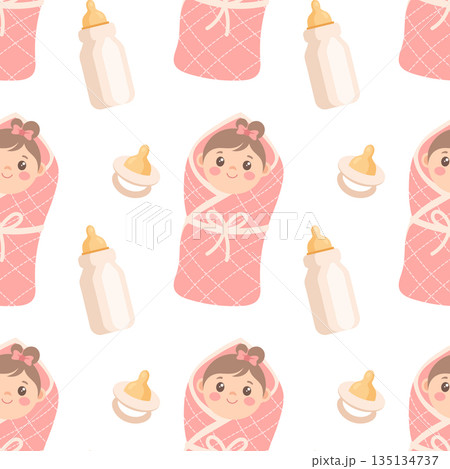 Seamless pattern with cute baby girl in blanket with bottles and pacifiers. Childish background, print. 135134737
