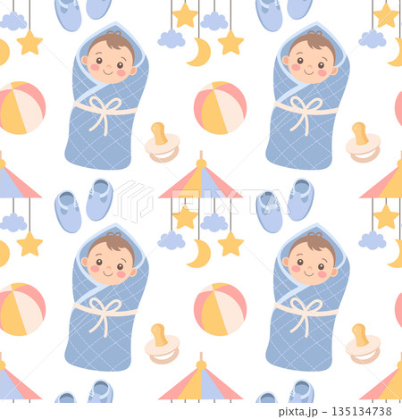 Seamless pattern with cute baby boy in blanket and baby items. Childish background, print. 135134738