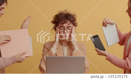 Stressed professional surrounded by reminders and technology, managing multiple tasks. The scene captures the chaos of multitasking and deadline pressure in a work environment 135135175