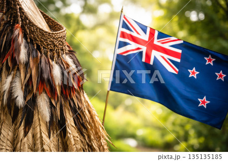 New Zealand flag with Maori feather cloak on Waitangi Day celebration. New Zealand flag with Maori feather cloak on Waitangi Day celebration. 135135185