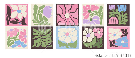 Abstract Groovy Flowers. Folk art. Contemporary posters and background collection. Organic colorful Hand Drawn doodle shapes in trendy naive retro hippie 60s 70s. Vector Illustration. Not AI Abstract Groovy Flowers. Folk art. Contemporary posters and background collection. Organic colorful Hand Drawn doodle shapes in trendy naive retro hippie 60s 70s. Vector Illustration. Not AI 135135313