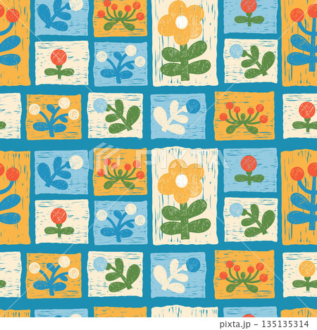 Crayon Floral Seamless Pattern. Folk Art Patchwork Ornament. Geometric Tiles with Flower, plant primitive elements with rustic effect. Textured Hand Drawing. Modern trendy vector illustration. Not AI Crayon Floral Seamless Pattern. Folk Art Patchwork Ornament. Geometric Tiles with Flower, plant primitive elements with rustic effect. Textured Hand Drawing. Modern trendy vector illustration. Not AI 135135314