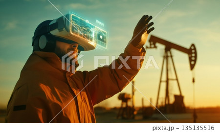 Petroleum engineer wearing virtual reality headset is analyzing data and statistics from oil pump with augmented reality software, working on an oil rig during sunset 135135516