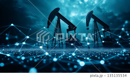 Oil pumps extracting fossil fuels, interconnected by a network beneath a dramatic, cloudy night sky, illustrating the complexities of the oil industry and advancements in technology 135135534