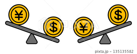 円安ドル高のアイコンと円高ドル安のアイコン 135135582