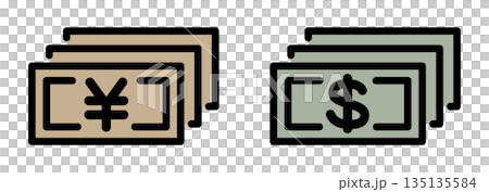 Japanese yen and American dollar banknote icons. 135135584