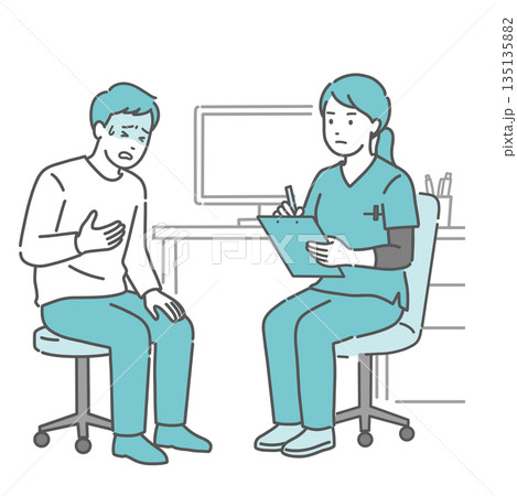 体調不良を訴える男性患者と女性医師・看護師（スクラブ・救急） 135135882