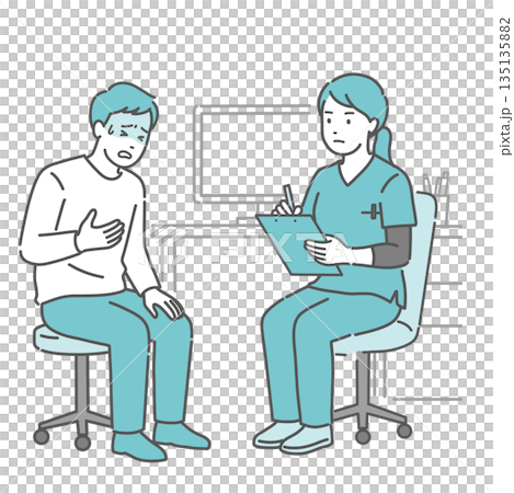 体調不良を訴える男性患者と女性医師・看護師（スクラブ・救急） 135135882