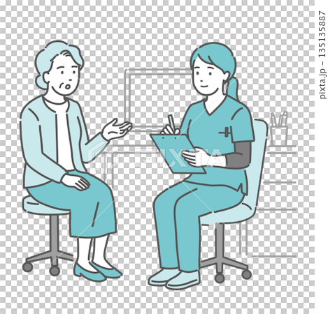 A female doctor and an elderly woman (scrubs, medical workers) conducting a medical interview 135135887